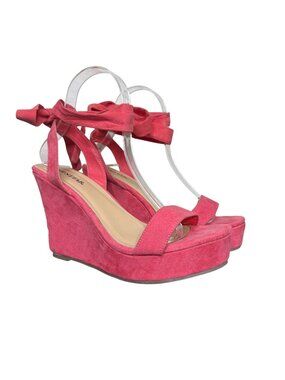 JustFab "Trina" Coral Colored Wedge Sandals, Lace-Up Tie, 4" Heel, Size 8
